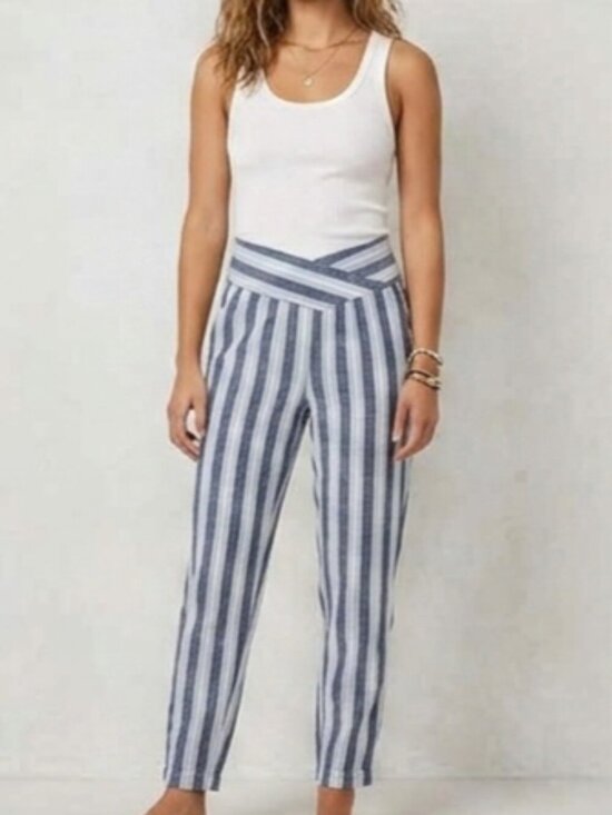 Indigo Rein Pants - Indigo Rein Women’s SZ M Blue Stripe Linen Blend Pull On V-Waist Joggers Beach